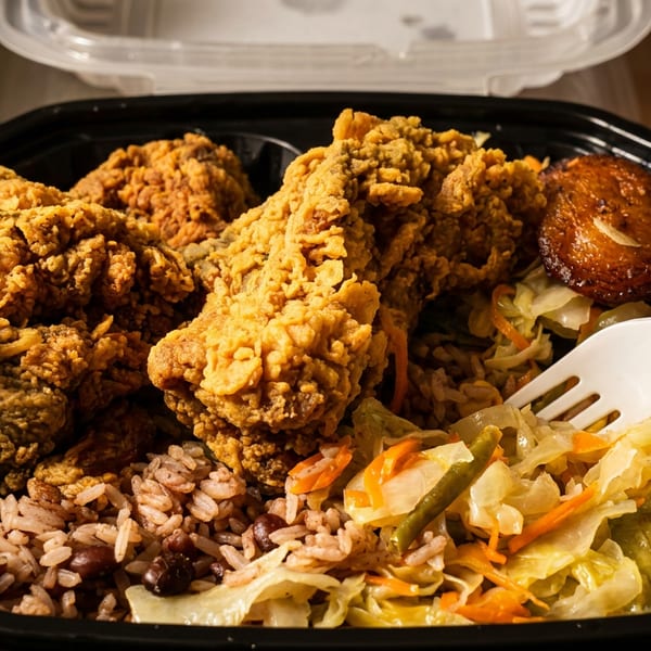 Takeout container filled with crispy fried chicken, rice and beans, sautéed cabbage, and a glazed brown side dish.