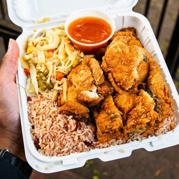 A hand holds a takeout container filled with fried chicken, rice, coleslaw, and dipping sauce.