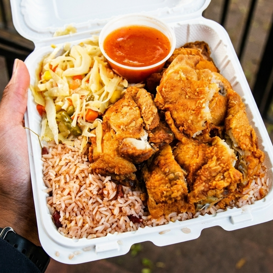 A hand holds a takeout container filled with fried chicken, rice, coleslaw, and dipping sauce.