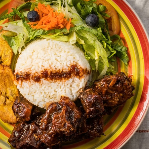 Colorful plate of white rice, glazed grilled meat, fried plantains, and green salad topped with blueberries and shredded carrots.